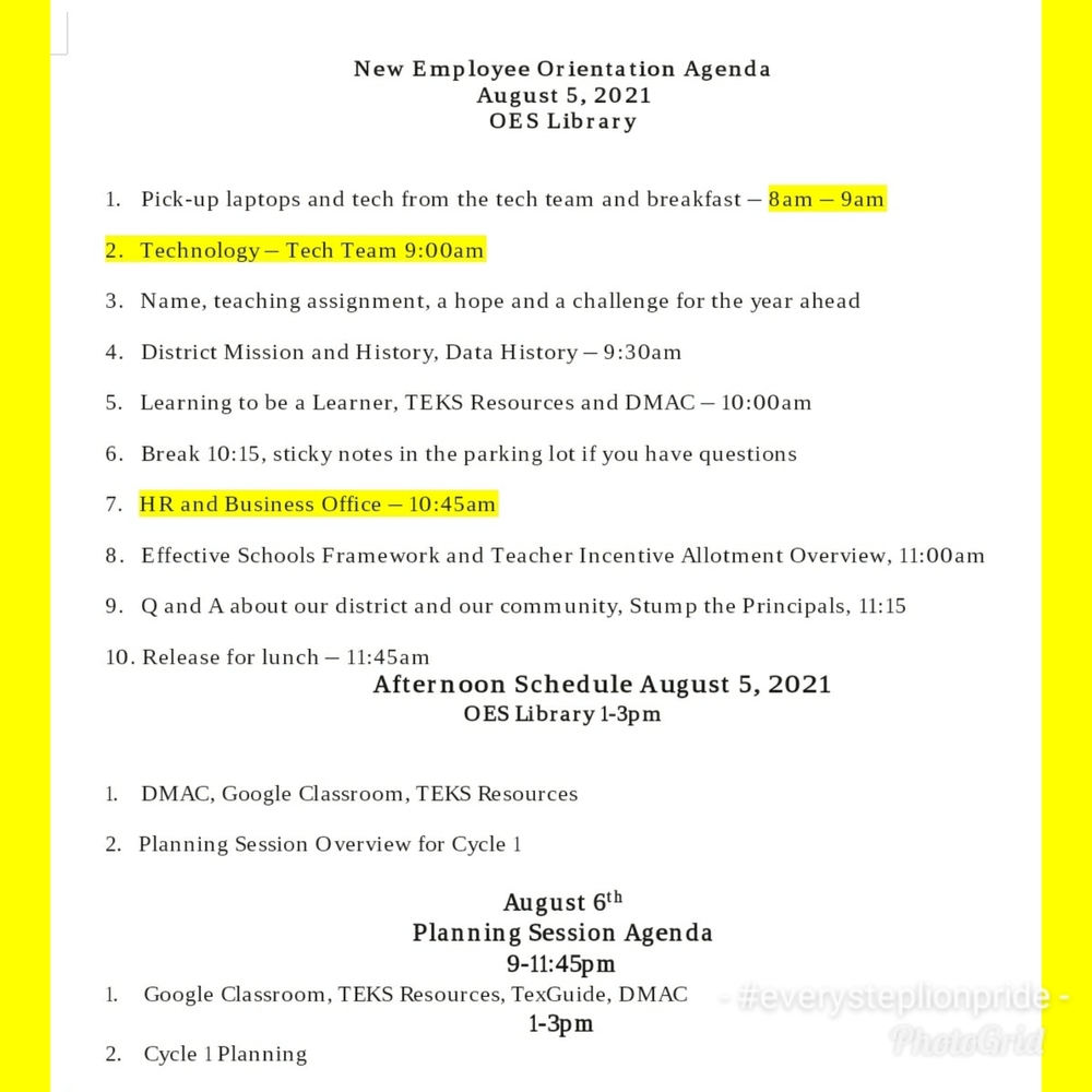 New Employee Orientation Agenda